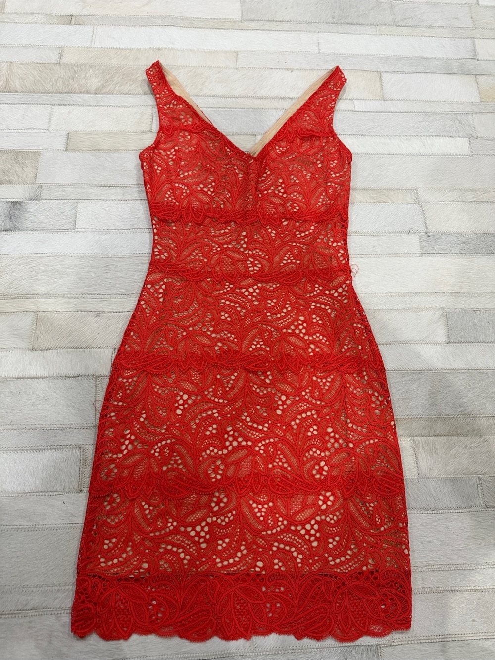 Coral Red Lace V-Neck Sheath Dress